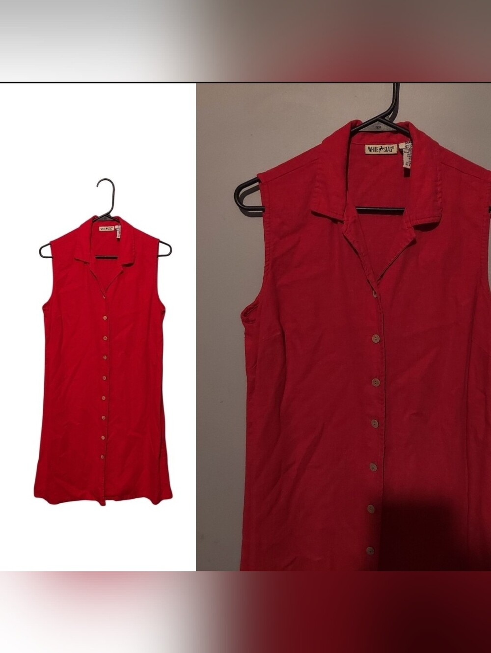 Vintage Y2K Linen Blend Button Front Shirt Dress Small Red Boho Preppy Coastal